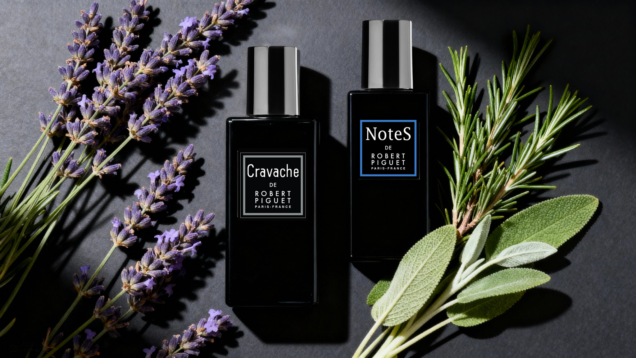 Cravache and NoteS bottles surrounded by lavender and rosemary