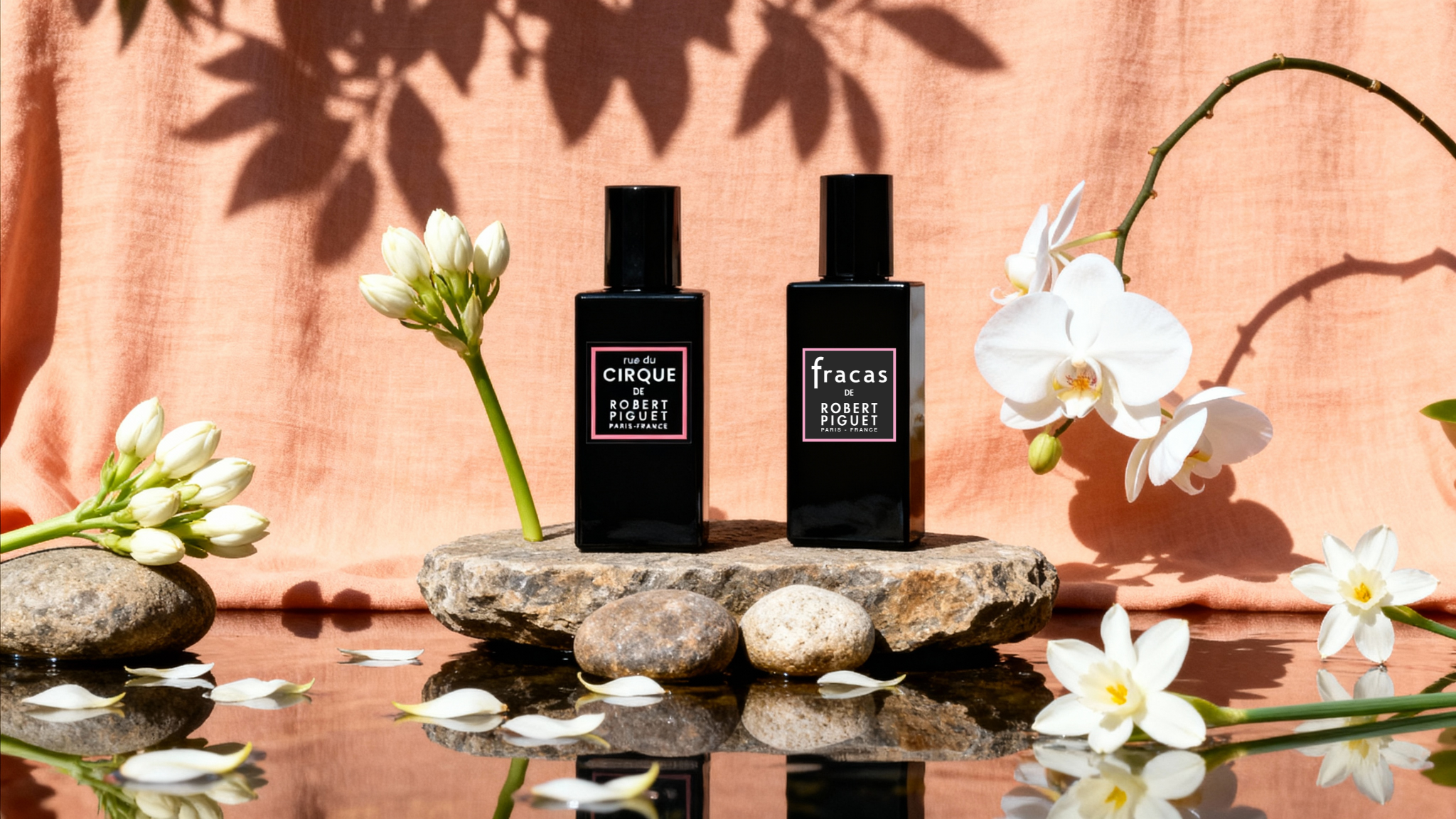 rue du Cirque and Fracas bottles surrounded by flowers