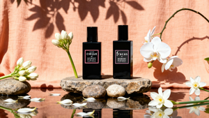 rue du Cirque and Fracas bottles surrounded by flowers